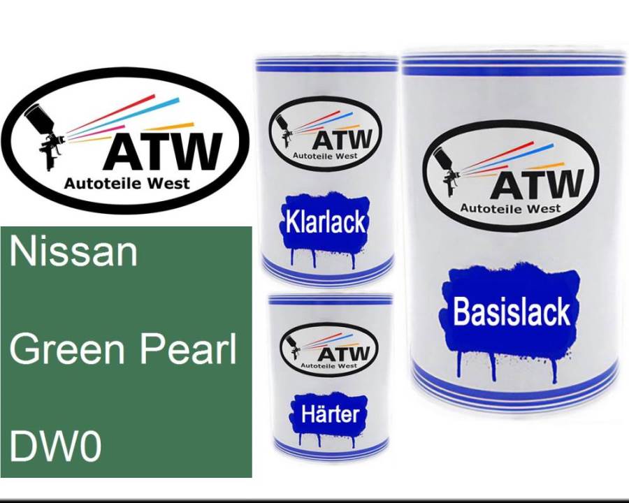 Nissan, Green Pearl, DW0: 500ml Lackdose + 500ml Klarlack + 250ml Härter - Set, von ATW Autoteile West.
